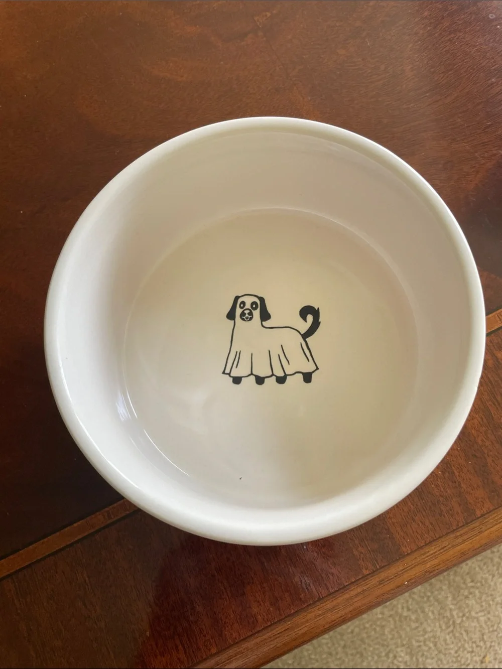 Rae Dunn White Ceramic Dog Bowl with Dog in ghost costume in bowl